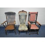 A VICTORIAN PRAYER CHAIR, with carved scrolled top rail and sides on cabriole legs together with