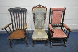 A VICTORIAN PRAYER CHAIR, with carved scrolled top rail and sides on cabriole legs together with