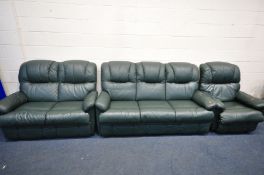 A LA-Z-BOY GREEN LEATHER THREE PIECE SUITE, comprising a three seater settee, length 185cm, a two