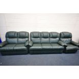 A LA-Z-BOY GREEN LEATHER THREE PIECE SUITE, comprising a three seater settee, length 185cm, a two