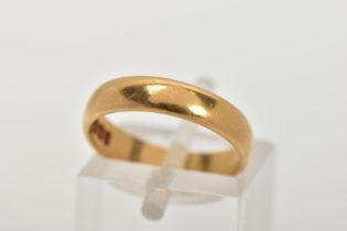 A 22CT GOLD BAND RING, a soft courted band, approximate band width 4mm, hallmarked 22ct gold