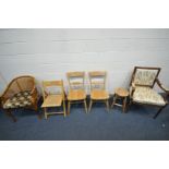 A QUANTITY OF VARIOUS CHAIRS to include two beech splat back chairs, beech stool, bamboo effect