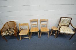 A QUANTITY OF VARIOUS CHAIRS to include two beech splat back chairs, beech stool, bamboo effect