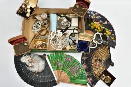 A BOX OF ASSORTED COSTUME JEWELLERY AND ITEMS, to include a quantity of early to mid-20th century