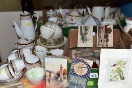 TWO BOXES AND LOOSE EPHEMERA, CERAMICS AND GLASSWARES, to include silks, postcards to include