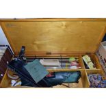 A WOODEN CASE OF ARCHERY EQUIPMENT, including an Anchor Bowman tabard and quiver, handicap tables
