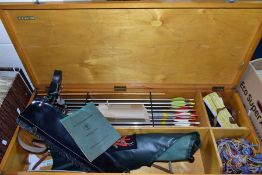 A WOODEN CASE OF ARCHERY EQUIPMENT, including an Anchor Bowman tabard and quiver, handicap tables