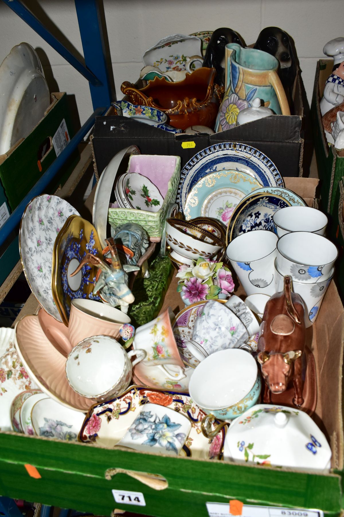 TWO BOXES OF CERAMICS, to include two Victorian Coalport gilt and blue plates, three Paragon cups