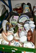 TWO BOXES OF CERAMICS, to include two Victorian Coalport gilt and blue plates, three Paragon cups