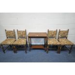 A SET OF FOUR OAK CHAIRS with upholstered back and seat, and a mahogany rectangular occasional table