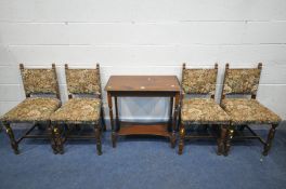 A SET OF FOUR OAK CHAIRS with upholstered back and seat, and a mahogany rectangular occasional table