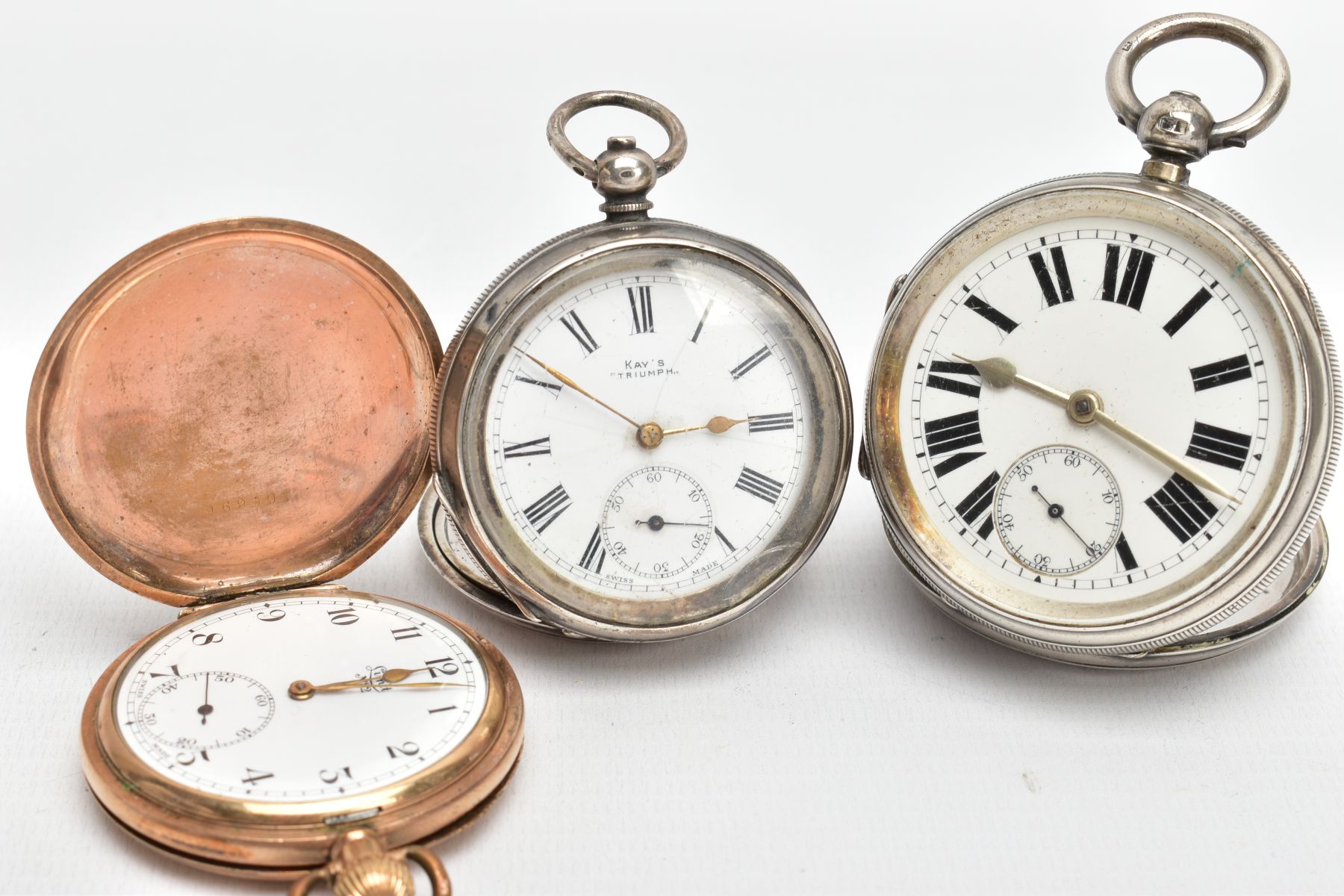 TWO SILVER POCKET WATCHES AND A YELLOW METAL WATCH, a silver pocket watch with a white dial, black - Bild 2 aus 7