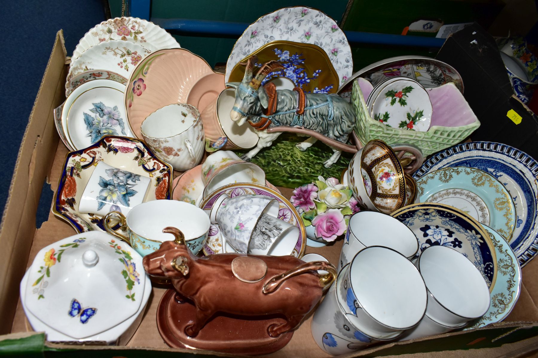 TWO BOXES OF CERAMICS, to include two Victorian Coalport gilt and blue plates, three Paragon cups - Image 2 of 7