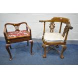 A REPRODUCTION GILLOWS STYLE CORNER CHAIR with shaped and pierced splats, lion head arm