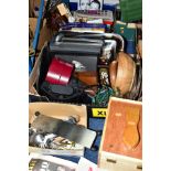 THREE BOXES AND LOOSE ART MATERIALS, CHRISTMAS DECORATIONS, METALWARES AND SUNDRY HOUSEHOLD ITEMS,