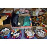 SIX BOXES OF VINTAGE FABRICS AND HABERDASHERY ITEMS, to include twenty to thirty lengths of