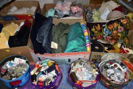 SIX BOXES OF VINTAGE FABRICS AND HABERDASHERY ITEMS, to include twenty to thirty lengths of