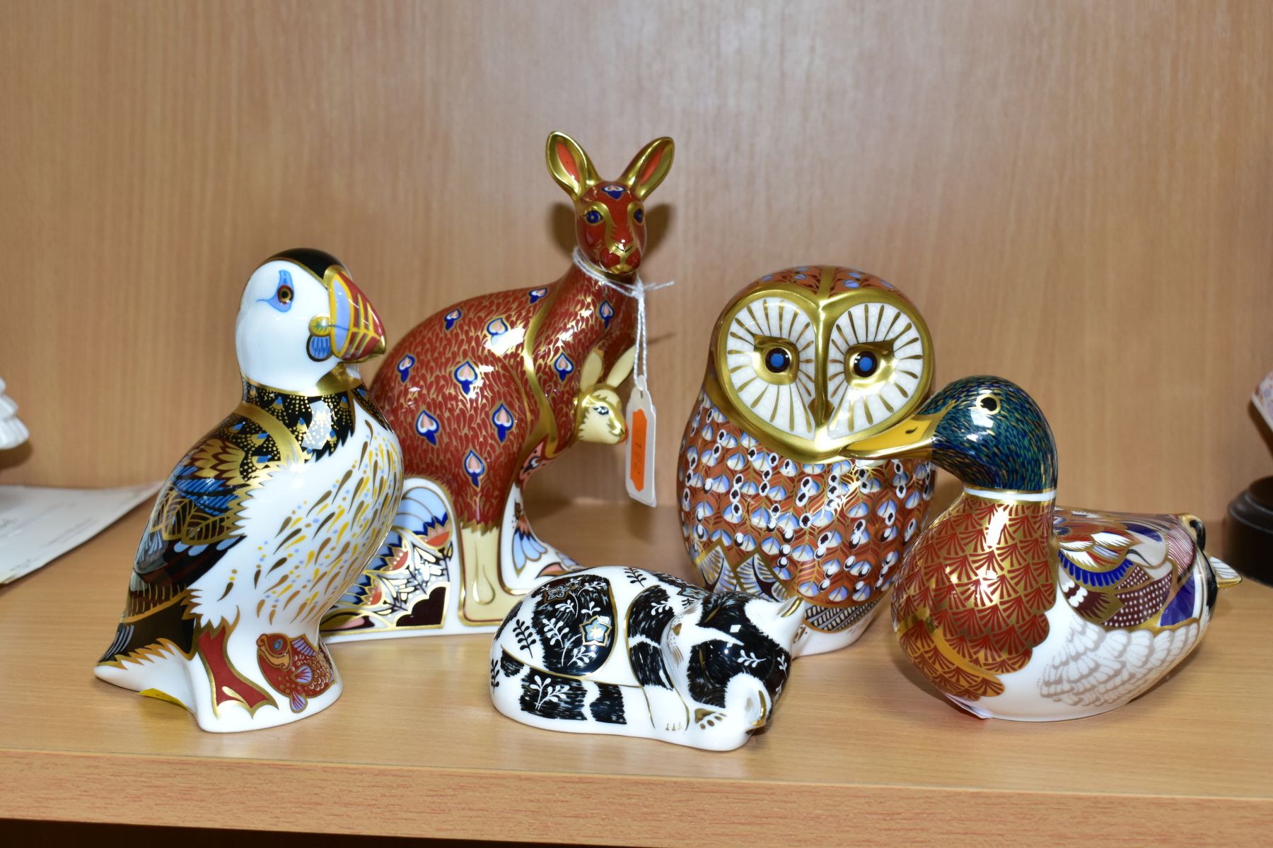 FIVE ROYAL CROWN DERBY SECONDS PAPERWEIGHTS, comprising Kangaroo from Australian Collection, Puffin,