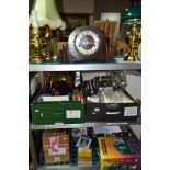 FOUR BOXES AND LOOSE SUNDRY ITEMS ETC, to include a brass oil lamp with green glass shade, two brass
