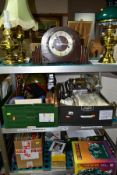 FOUR BOXES AND LOOSE SUNDRY ITEMS ETC, to include a brass oil lamp with green glass shade, two brass