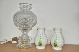 A PAIR OF DONEGAL CHINA 'IRISH PARIAN' VASES AND A WATERFORD CRYSTAL TABLE LAMP, the vases of
