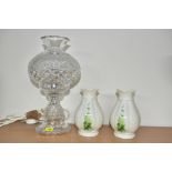 A PAIR OF DONEGAL CHINA 'IRISH PARIAN' VASES AND A WATERFORD CRYSTAL TABLE LAMP, the vases of