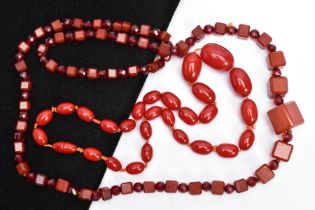 A CHERRY AMBER BAKELITE BEAD NECKLACE AND ONE OTHER, the first a graduated oval bead necklace,