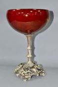 A CARLTONWARE OR CROWN DEVON RED LUSTRE BOWL WITH PRINTED AND ENAMELLED FLORAL DECORATION TO THE