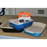 THREE LE CREUSET STONEWARE RECTANGULAR OVEN DISHES, comprising a Marseille Blue 19cm x 13cm x 5.