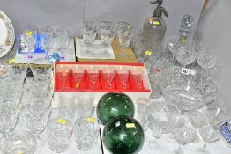 A QUANTITY OF CUT GLASS ETC, to include an unbranded fruit bowl, a boxed set of six Royal