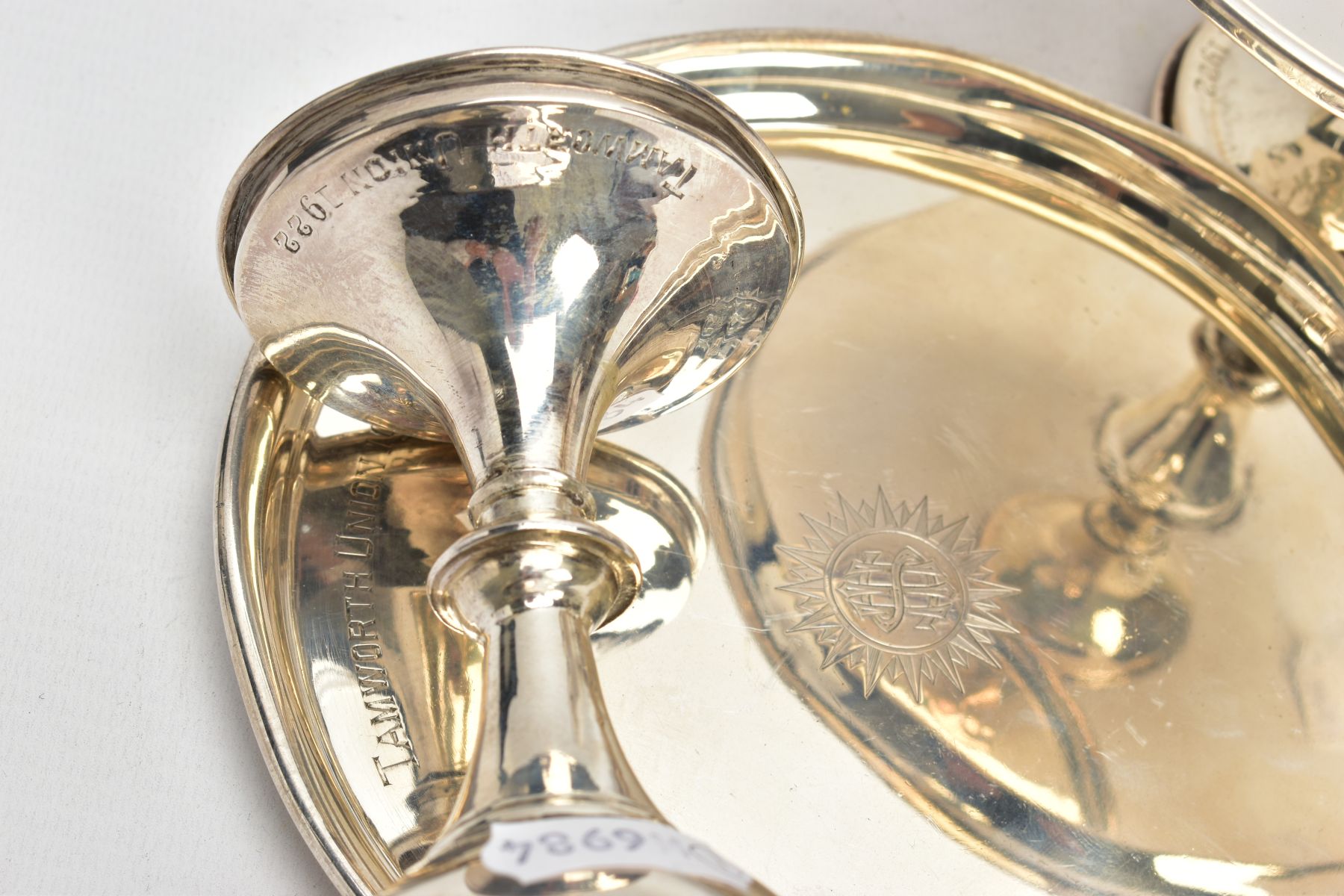 THREE SILVER ITEMS, to include a goblet of a plain polished design with an engraved motif, slight - Image 4 of 4