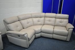 A MODULAR FIVE PIECE CREAM LEATHER LOUNGE SUITE with two single electric reclining ends, one