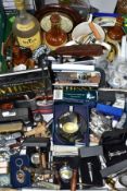 TWO BOXES OF HIPFLASKS, BELLS WHISKEY DECANTERS, OPTICS STANDS, CERAMIC BEER PULL HANDLES, ETC,