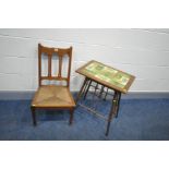 AN EARLY 20th CENTURY MAHOGANY OCCASSIONAL TABLE with floral tilled top tapered round legs with