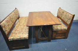 AN OLD CHARM OAK DROP LEAF TABLE, length 122cm x open depth 92cm x closed depth 64cm, two sized