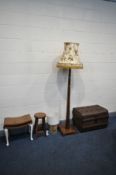 A TIN TRUNK, an oak square tapered standard lamp with fabric shade, a circular stool, dressing stool