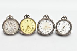 FOUR OPEN FACE POCKET WATCHES, the first round white dial, Roman numerals, seconds subsidiary dial