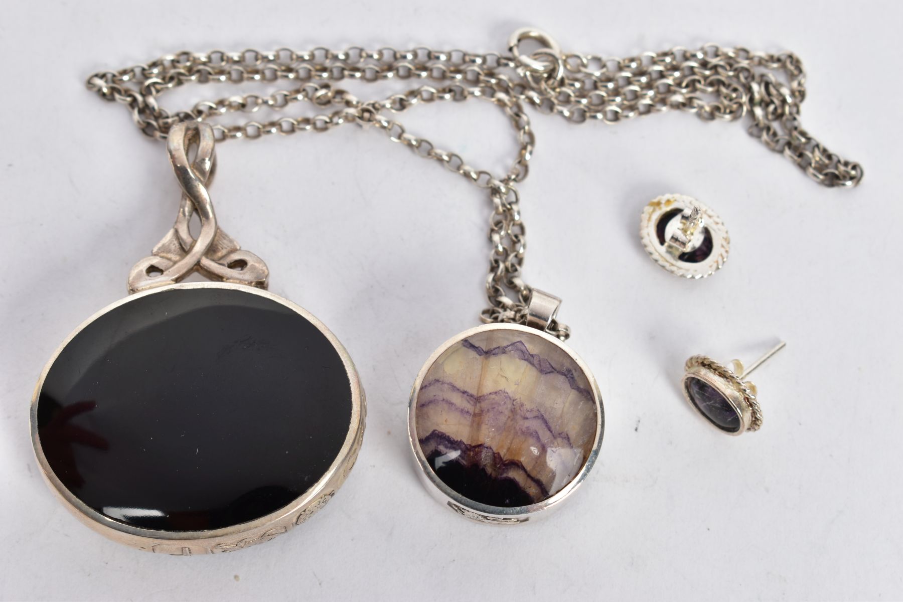 TWO BLUE JOHN FLUORITE PENDANTS AND A PAIR OF EARRINGS, one oval double sided pendant set with vivid - Image 2 of 3