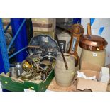 THREE BOXES AND LOOSE SUNDRY ITEMS ETC, to include five unbranded water / spirit barrels, three with