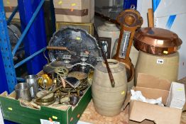 THREE BOXES AND LOOSE SUNDRY ITEMS ETC, to include five unbranded water / spirit barrels, three with