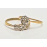 TWO DIAMOND SET RINGS, one floral halo style ring set with nine old cut diamonds in a white metal,