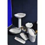 A QUANTITY OF QUALITAS BATHROOM FITTINGS including a sink and pedestal, a toilet basin and