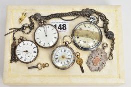 A CREAM JEWELLERY BOX WITH POCKET WATCHES AND OTHER ITEMS, to include three lady's open face
