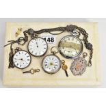 A CREAM JEWELLERY BOX WITH POCKET WATCHES AND OTHER ITEMS, to include three lady's open face