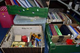 FOUR BOXES OF BOOKS AND OFFICE EQUIPMENT, A PORTABLE METAL FILING BOX, A SET OF PLASTIC FILING