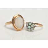 TWO YELLOW METAL OPAL SET RINGS, the first designed with an oval opal cabochon (very worn opal)
