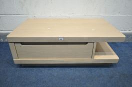 A LOW WINSOR TIBRO OAK COFFEE TABLE, with cut-away drawer pulls and soft close single drawer, new