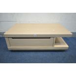 A LOW WINSOR TIBRO OAK COFFEE TABLE, with cut-away drawer pulls and soft close single drawer, new