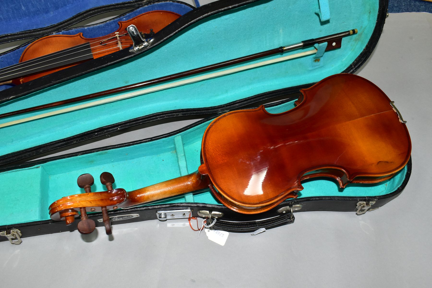 TWO STUDENT VIOLINS, BODY LENGTH APPROXIMATELY 35CM, one is a Chinese example with a Lark brand - Image 5 of 11
