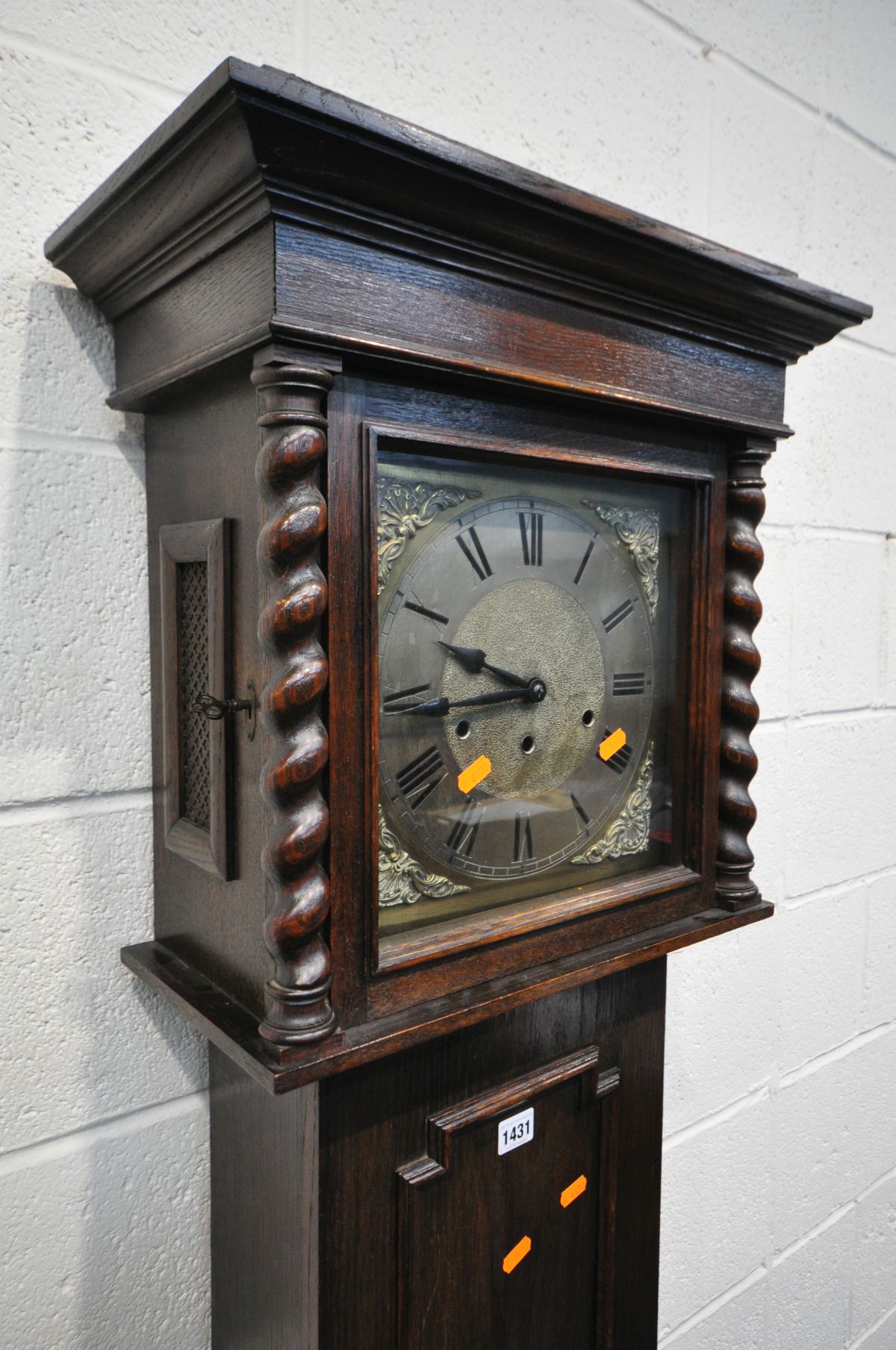 AN EARLY TO MID 20TH CENTURY OAK LONGCASE CLOCK, with a 9 inch brass and silvered dial, height 189cm - Image 2 of 4